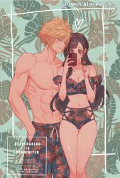 1boy 1girl abs alternate_costume bare_shoulders bikini black_hair blonde_hair blue_eyes blush breasts cleavage closed_mouth clothing_cutout cloud_strife collarbone commentary_request couple earrings feet_out_of_frame final_fantasy final_fantasy_vii final_fantasy_vii_rebirth final_fantasy_vii_remake floral_print frilled_bikini frills groin halterneck hand_in_pocket heart highres holding holding_phone jewelry knees large_breasts long_hair looking_at_another male_swimwear matching_outfits navel omochigame_ct pectorals phone print_bikini red_eyes short_hair side_cutout smile spiked_hair standing stomach swim_trunks swimsuit thighs tifa_lockhart toned toned_male topless_male twitter_username