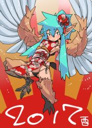 1girl 2017 bird_legs black_panties blue_hair blush breasts china_dress chinese_clothes commentary_request dress feathered_wings floral_print flower folded_ponytail full_body green_eyes hair_flower hair_ornament harpy highres long_hair looking_at_viewer monster_girl original panties pointy_ears red_dress red_flower rising_sun_flag side-tie_panties sideboob small_breasts solo sunburst tomatojam underwear winged_arms wings