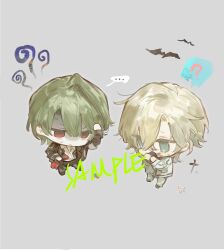 ... 2boys ? bat_(animal) blonde_hair blue_eyes chibi chibi_only green_hair grey_background hair_between_eyes highres jacket long_sleeves male_focus multiple_boys original pants qyzhiaiyisheng red_eyes sample_watermark shaded_face shirt short_hair simple_background spoken_ellipsis watermark