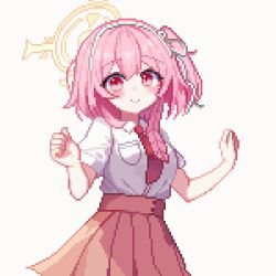 1girl alternate_costume blue_archive closed_mouth collared_shirt halo looking_at_viewer necktie pink_eyes pink_hair pixel_art pleated_skirt red_necktie red_skirt serina_(blue_archive) shirt short_sleeves simple_background skirt solo tinia_etru white_background white_shirt yellow_halo