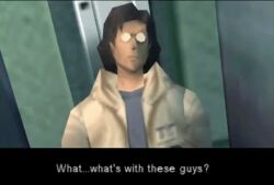 1boy 3d animated animated_gif cutscene glasses laboratory metal_gear(series) metal_gear_(series) metal_gear_solid otakon scientist shaking sword video_game_screencap weapon