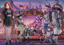 aketa_mikoto amusement_park balloon black_hair building earrings flag green_shoes hat high_heels idolmaster idolmaster_shiny_colors jewelry long_hair mitsumine_yuika multiple_girls nanakusa_nichika official_art purple_eyes shirase_sakuya shoes tanaka_mamimi tsukioka_kogane yukoku_kiriko