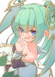 Rule 34 | 1girl, absurdres, armor, armored dress, bare shoulders, blue eyes, breasts, detached sleeves, dress, emil chronicle online, green hair, hair ornament, highres, long hair, mitama lilie, pointy ears, ponytail, silver-index, small breasts, white background, white wings, wings