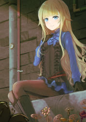 Rule 34 | 1girl, black boots, black bow, black gloves, blonde hair, blue bow, blue eyes, blue shirt, blue skirt, blunt bangs, boots, bow, brown pantyhose, closed mouth, corset, dress shirt, gloves, highres, knee boots, long hair, long sleeves, looking at viewer, miniskirt, okina (805197), pantyhose, princess (princess principal), princess principal, shirt, sitting, skirt, smile, solo, straight hair, very long hair