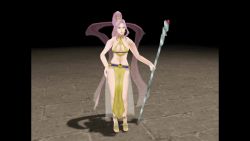 1girl 3d animated animated_gif bare_shoulders blue_eyes bouncing_breasts breasts cleavage cleavage_cutout clothing_cutout dress earrings elbow_gloves female_focus gensou_suikoden gensou_suikoden_v gloves high_heels jeane_(suikoden) jewelry large_breasts legs long_hair midriff pink_hair ponytail revealing_clothes solo staff