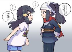 2girls akari_(pokemon) black_hair blue_shorts chibi commentary_request eye_contact eyelashes from_side grey_background grey_eyes hair_ornament hairclip headscarf jacket kutabireta_neko light_blush long_hair looking_at_another multiple_girls nintendo open_mouth pokemon pokemon_legends:_arceus ponytail print_shirt red_scarf sash scarf shirt short_sleeves shorts sidelocks skirt smile speech_bubble t-shirt thought_bubble translation_request white_shirt