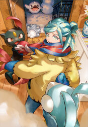 1boy altaria blue_mittens blue_scarf cetoddle commentary_request door gen_2_pokemon gen_3_pokemon gen_8_pokemon green_eyes green_hair grusha_(pokemon) half_updo highres indoors jacket long_sleeves male_focus mittens nintendo open_mouth orange_mikan pants pokemon pokemon_(creature) pokemon_sv scarf sneasel snom snowman standing striped_clothes striped_scarf teeth tongue wooden_floor yellow_jacket