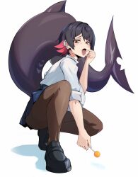 Rule 34 | 1girl, black hair, black shoes, blue skirt, breasts, brown pantyhose, candy, commentary, ellen joe, ellen joe (on campus), fins, fish tail, food, highres, holding, holding candy, holding food, holding lollipop, huge breasts, large tail, lollipop, looking at viewer, miniskirt, official alternate costume, open mouth, pantyhose, piranha (piranha arts), red eyes, shark tail, shirt, shoes, short hair, short sleeves, skirt, solo, tail, thighs, tongue, white shirt, zenless zone zero
