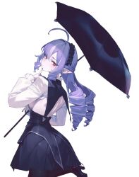1girl :/ ahoge ass backless_outfit black_hairband black_nails black_pantyhose black_skirt black_umbrella breasts commentary cowboy_shot dkyung004 drill_hair english_commentary finger_to_own_chin from_behind hairband high_heels highres holding holding_umbrella large_breasts leaning_back leg_up looking_at_viewer looking_back multicolored_hair pantyhose pointy_ears purple_hair red_eyes shrug_(clothing) sideboob simple_background skirt solo streaked_hair umbrella vivian_banshee white_background white_hair white_shrug zenless_zone_zero