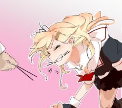 Rule 34 | 1girl, biting, black serafuku, blonde hair, fingerless gloves, food, gloves, hair flaps, hair ornament, hair ribbon, hairclip, kantai collection, long hair, pocky, pocky day, ribbon, school uniform, serafuku, teeth, yamaioni (sasakama), yuudachi (kancolle)