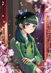 1boy 1girl beneceadraws blue_eyes blunt_bangs chinese_clothes freckles green_hair green_robe hair_bun hanfu hezi jinshi_(kusuriya_no_hitorigoto) kusuriya_no_hitorigoto long_hair long_sleeves looking_at_another looking_at_viewer maomao_(kusuriya_no_hitorigoto) purple_eyes purple_hair robe single_hair_bun smile upper_body wide_sleeves