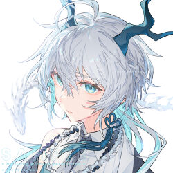 1girl anchun_(quail0503) blue_eyes closed_mouth collared_shirt commission hair_between_eyes highres horns necktie original portrait shirt short_hair simple_background solo watermark white_hair white_shirt