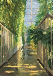 1girl absurdres against_railing barefoot building closed_eyes colored_skin commentary_request dress highres leaf long_hair no_mouth original outdoors plant potted_plant railing scenery solo standing sugita_magari tree white_dress white_hair white_skin wide_shot