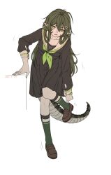 1girl absurdres adjusting_clothes adjusting_shoe alternate_costume arknights black_shirt black_skirt breasts brown_shoes crocodilian_tail dated gavial_(arknights) green_hair green_neckerchief green_socks hair_ornament highres legwear_garter loafers long_sleeves looking_down moozsilent motion_lines neckerchief open_mouth pointy_ears sailor_collar school_uniform shirt shoes simple_background skirt small_breasts socks solo standing standing_on_one_leg tail white_background yellow_eyes
