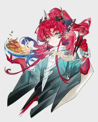1boy absurdres arknights bead_bracelet beads blue_eyes blue_shirt bowl bracelet chinese_clothes chinese_commentary chopsticks colored_extremities colored_skin commentary_request cropped_torso dragon_horns food grey_background highres holding holding_bowl holding_chopsticks horns jewelry long_hair looking_at_viewer male_focus noodles pointy_ears ponytail ramen red_hair red_skin shirt simple_background slit_pupils smile solo tuoshui_fan_fanqie watermark weibo_watermark yu_(arknights)