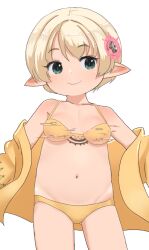 1girl bikini blonde_hair breast_expansion breasts closed_mouth coat final_fantasy final_fantasy_xiv green_eyes highres lalafell loli navel shelldy short_hair small_breasts smile solo stomach swimsuit yellow_bikini