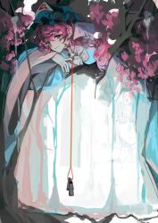 2girls :| blue_kimono blush branch cherry_blossoms closed_mouth flower hair_between_eyes hat highres japanese_clothes kimono konpaku_youmu light_smile long_hair long_sleeves looking_at_viewer lying mob_cap multiple_girls on_stomach pink_eyes pink_hair saigyouji_yuyuko string string_of_fate touhou tree triangular_headpiece veil wavy_hair xian_qishui