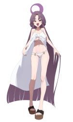 1girl absurdres alternate_costume bare_arms bare_legs bare_shoulders bikini blue_archive blush dress fang highres kaba_(hama) long_hair looking_at_viewer navel open_mouth parted_bangs purple_hair sandals sidelocks skin_fang solo swimsuit white_bikini white_dress yukari_(blue_archive)