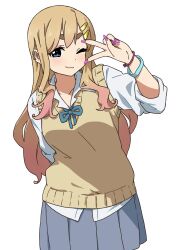 1girl absurdres alternate_hairstyle blonde_hair blue_ribbon blue_skirt bracelet brown_sweater_vest cowboy_shot ear_piercing gradient_hair gyaru highres jewelry k-on! kicchi_(tmgk) kotobuki_tsumugi long_hair long_sleeves multicolored_hair nail_polish one_eye_closed piercing pink_hair pink_nails ribbon sakuragaoka_high_school_uniform school_uniform shirt skirt smirk solo summer_uniform sweater_vest thick_eyebrows v v_over_eye wavy_hair white_background white_shirt