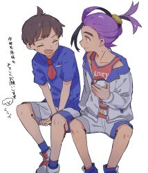 2boys absurdres black_hair blue_shirt blue_socks blush brown_hair closed_eyes commentary_request florian_(pokemon) highres holding holding_poke_ball invisible_chair jacket kieran_(pokemon) kurage2535 long_sleeves male_focus mole mole_on_neck multiple_boys nintendo open_clothes open_jacket open_mouth orange_eyes poke_ball poke_ball_(basic) pokemon pokemon_sv purple_hair red_tank_top shirt short_sleeves shorts simple_background sitting socks tank_top translation_request white_background white_footwear