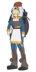 2boys az_(pokemon) blonde_hair boots brown_shoes dotted-clouds dotted_clouds dottedclouds full_body ginkgo_guild_uniform grey_hair hair_over_one_eye height_difference highres hug hug_from_behind male_focus multiple_boys nintendo pokemon pokemon_legends:_arceus pokemon_xy shaded_face shoes simple_background standing volo_(pokemon) white_background