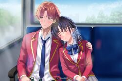 1boy 1girl advanced_nurturing_high_school_uniform ayanokouji_kiyotaka black_hair blazer blue_bow blue_bowtie blue_necktie blush bow bowtie brown_eyes brown_hair closed_eyes closed_mouth collared_shirt highres horikita_suzune jacket juanalv2610 long_hair long_sleeves necktie open_clothes open_jacket pleated_skirt red_jacket school_uniform shirt short_hair skirt white_shirt white_skirt youkoso_jitsuryoku_shijou_shugi_no_kyoushitsu_e