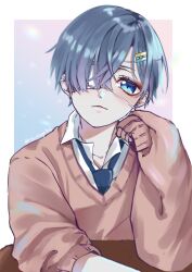 1boy arm_on_table arm_up bishounen blue_background blue_hair blue_necktie border brown_sweater ciel_phantomhive closed_mouth collared_shirt dark_blue_hair eyepatch gradient_background hair_ornament hair_over_one_eye hairclip highres kuroshitsuji long_sleeves looking_at_viewer male_focus medical_eyepatch necktie pink_background ringo712 shirt short_hair sleeves_past_wrists solo sweater table twitter_username white_border white_shirt