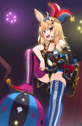 1girl animal_ears bare_shoulders black_panties blonde_hair blush bow braid breasts circus cleavage dress fox_ears fox_girl hair_between_eyes hair_ornament highres hololive layered_dress long_hair looking_at_viewer medium_breasts nail_polish omaru_polka omaru_polka_(1st_costume) open_mouth panties playing_card_theme rgb_lights short_dress smile solo thighhighs underwear virtual_youtuber yoako