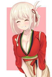 1girl absurdres apron blonde_hair blush border breasts cleavage closed_eyes collarbone facing_viewer grin hair_ribbon highres japanese_clothes kimono large_breasts lycoris_recoil nishikigi_chisato obi one_side_up red_kimono red_ribbon ribbon sash short_hair shu_cream smile solo upper_body white_border