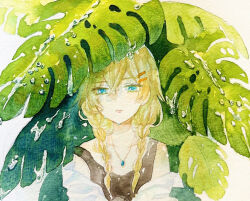 Rule 34 | 1girl, aqua eyes, blonde hair, braid, foliage, hair between eyes, hair ornament, hairclip, hiding, jewelry, leaf, mmo 07, necklace, original, painting (medium), parallel hairclips, philodendron, shirt, simple background, solo, strap slip, tank top, traditional media, twin braids, watercolor (medium), white shirt