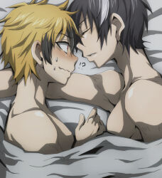 !? 2boys black_hair blonde_hair blush closed_eyes lawless_(servamp) licht_jekylland_todoroki male_focus multicolored_hair multiple_boys nitoni red_eyes servamp short_hair tears topless_male two-tone_hair white_hair yaoi