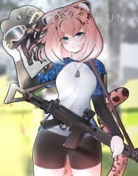 1girl absurdres animal_ear_fluff animal_ears battle_rifle bike_shorts black_shorts blue_eyes blue_shirt blush brown_hair camouflage camouflage_shirt cat_ears cat_girl cat_tail character_request combat_helmet crossed_bangs dog_tags fn_fal gun gun_sling helmet highres jewelry looking_at_viewer necklace neptune_zx original outdoors rail_(weapon) red_dot_sight rifle shirt shorts skin_tight smile solo tail tight_clothes tight_shirt weapon white_shirt