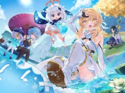 1boy 4girls ahoge aqua_hair arm_at_side arm_up arms_up asymmetrical_legwear bandages bare_shoulders bell black_bodysuit black_footwear blonde_hair blue_gloves blue_hair blue_pants blurry blurry_foreground bodysuit bokeh braid breasts charm_(object) cleavage closed_eyes closed_mouth cloud coconut commentary crossed_legs crying crying_with_eyes_open curled_fingers depth_of_field detached_sleeves dot_nose dress drinking_straw facial_mark floating flying_sweatdrops food forehead_mark fruit full_body ganyu_(genshin_impact) genshin_impact gintama_10102 gloves goat_horns gold_trim hair_between_eyes halo hat highres holding holding_polearm holding_umbrella holding_weapon horns hug injury jiangshi knees_together_feet_apart lily_pad long_hair looking_at_another lumine_(genshin_impact) medium_breasts medium_hair melon mountain multiple_girls neck_bell ofuda oil-paper_umbrella open_mouth outdoors paimon_(genshin_impact) pants parted_bangs polearm purple_eyes purple_hair qiqi_(genshin_impact) rainbow shadow shy sitting slime_(genshin_impact) spear sun sweat tears teeth thighhighs thighs tree umbrella uneven_legwear upper_teeth_only weapon white_dress white_hair white_thighhighs xiao_(genshin_impact) yellow_eyes yen