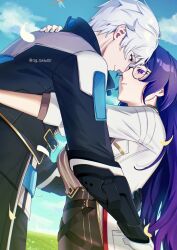 1boy 1girl black_jacket blue_eyes blue_sky cho_(sg_suko1111) cloud coat commentary forehead-to-forehead hand_on_another&#039;s_shoulder hand_on_another&#039;s_waist heads_together hetero highres honkai_(series) honkai_impact_3rd jacket kevin_kaslana long_hair mei_(honkai_impact) purple_eyes purple_hair short_hair sky very_long_hair white_coat white_hair