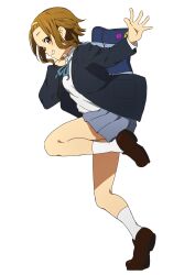 1girl absurdres bag brown_eyes brown_hair grin hairband highres k-on! kicchi_(tmgk) leg_up light_blush looking_at_viewer running sakuragaoka_high_school_uniform school_bag school_uniform smile tainaka_ritsu waving white_background yellow_hairband