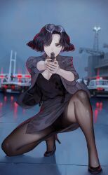 1girl aiming aiming_at_viewer black_eyes black_hair black_pantyhose breasts bridge car cleavage earrings gun handgun high_heels highres jacket jewelry kaoming makarov_pm medium_hair motor_vehicle original pale_skin pantyhose pencil_skirt police_car serious skirt sleeves_rolled_up solo squatting weapon