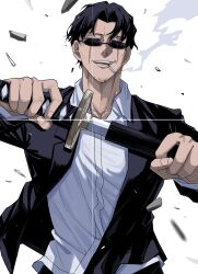 1boy :d absurdres black_hair closed_eyes collared_shirt facial_hair facing_viewer glint highres holding holding_sword holding_weapon jacket kagurabachi male_focus mouth_hold open_mouth samura_seiichi scar scar_across_eye scar_on_face sheath shirt shishiruto short_hair smile smoking solo standing suit_jacket sunglasses sword teeth_hold unsheathing weapon white_background