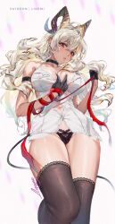 1girl arm_strap artist_name bare_shoulders black_choker black_gloves black_horns black_pantyhose black_tail black_thighhighs blonde_hair blush breasts choker collarbone commentary cowboy_shot earrings gloves groin hair_between_eyes hand_on_own_chest highres horns jewelry key_earrings lace lace_panties liremi long_hair looking_at_viewer mole mole_on_breast navel necktie necktie_around_wrists no_bra no_pants paid_reward_available panties pantyhose parted_lips red_eyes red_necktie shirt signature solo tail thighhighs thighs underwear white_shirt wuthering_waves zani_(wuthering_waves)