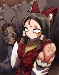 Rule 34 | 1girl, bandana, belt, big roach (cookie), black hair, bow, brown belt, bug, closed mouth, coat, cockroach, commentary request, cookie (touhou), detached sleeves, expressionless, hair bow, hakurei reimu, insect, long hair, looking at viewer, qrteg87yhl16571, red bow, red coat, scar, scar across eye, scar on face, sidelocks, sleeveless, sleeveless coat, solo, touhou, upper body, white sleeves, yellow bandana, yuki haruka