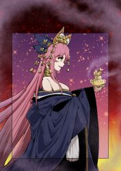 Rule 34 | 1girl, animal ear fluff, animal ears, bare shoulders, bell, blue kimono, breasts, fate/grand order, fate (series), fox ears, fox girl, fox tail, highres, japanese clothes, kimono, large breasts, long hair, off shoulder, official alternate costume, open mouth, pink hair, ribbon, sky, solo, star (sky), starry sky, tail, tamamo (fate), tamamo no mae (fate), tamamo no mae (third ascension) (fate), very long hair, yellow eyes, ystrann