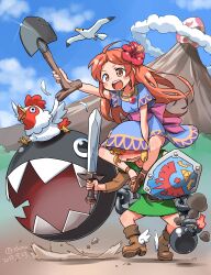 1boy 1girl absurdres arm_up belt belt_buckle bird black_eyes blonde_hair blue_sky blush blush_stickers bomb boots bow bow_wow_(zelda) brown_belt brown_boots brown_eyes brown_hair brown_sandals brown_shirt buckle carrying chain chain_chomp chicken cloud commentary_request cucco egg embarrassed explosive feathers fire flower flying fuse glint green_tunic hair_flower hair_ornament hibiscus highres holding holding_shield holding_shovel holding_sword holding_weapon hylian_shield isedaichi_ken jewelry link long_hair marin_(zelda) mountain necklace nintendo open_mouth pink_bow red_flower sand sandals seagull sharp_teeth shield shirt short_hair shoulder_carry shovel sitting sitting_on_person sky standing sword teeth the_legend_of_zelda the_legend_of_zelda:_link&#039;s_awakening tunic wavy_mouth weapon white_feathers windfish&#039;s_egg winged_boots