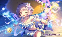 1girl ahoge amakarashi angelic_link beach belt bikini black_ribbon blue_belt blue_bow blush bow bracelet breasts character_request cleavage copyright_notice flower footwear_bow frilled_bikini frills full_moon hair_flower hair_intakes hair_ornament hat heart heart-shaped_pupils holding jewelry midriff miniskirt moon navel necklace night night_sky ocean official_art one_eye_closed open_mouth purple_flower red_eyes ribbon sandals shell shell_necklace short_hair skirt sky solo straw_hat swimsuit symbol-shaped_pupils white_flower white_skirt
