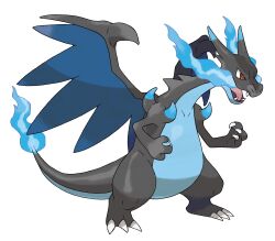 animal_focus blue_fire bright_pupils charizard claws dragon dragon_wings fangs fire flame-tipped_tail full_body gen_1_pokemon highres horns mega_charizard_x mega_pokemon nintendo no_humans official_art open_mouth pokemon pokemon_(creature) pokemon_focus pokemon_xy red_eyes solo spikes standing sugimori_ken tail third-party_source transparent_background v-shaped_eyes white_pupils wings