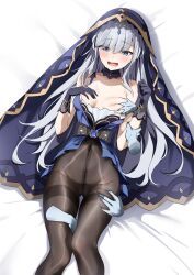 1girl absurdres adina_savic bare_shoulders black_bow black_collar black_gloves black_pantyhose black_survival blue_eyes blush bow breasts collar collarbone commentary_request commission detached_collar disembodied_hand dress dress_bow emil_(386) eternal_return:_black_survival eyes_visible_through_hair gem gloves gold_trim grabbing_another&#039;s_arm grabbing_another&#039;s_breast groping hair_between_eyes hand_on_own_chest hand_up highres long_hair looking_ahead lying medium_breasts on_back pantyhose pixiv_commission purple_dress purple_gemstone purple_veil sleeveless sleeveless_dress solo_focus surrounded_by_hands thigh_grab thighs veil wavy_mouth white_hair