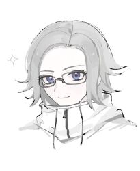 1boy aotsuki_eito blue_eyes blush eyelashes glasses highres looking_at_viewer male_focus parted_hair simple_background smile solo solo_focus the_hundred_line_-last_defense_academy- white_background white_hair zipper zipper_pull_tab