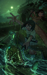 2girls animal baseball_cap black_hat blue_eyes brown_hair catfish closed_mouth cloud commentary_request fish fishing fish_hook fishing_line fishing_rod full_moon green_moon green_sky hat highres holding holding_fishing_rod long_hair moon multiple_girls natsuno_kanasemi night open_mouth original outdoors pants shirt short_hair short_sleeves sky smile standing t-shirt white_shirt