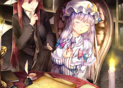 2girls black_jacket black_ribbon black_skirt black_vest blunt_bangs blush book book_stack bookshelf bow breasts buttons candle candlelight candlestand cape chair cleavage closed_eyes closed_mouth collared_shirt covering_with_blanket crescent crescent_hair_ornament cup demon_wings dress dress_shirt facing_viewer finger_to_mouth floor frills hair_bow hair_ornament hat head_wings holding indoors inkwell jacket koakuma large_breasts long_hair long_sleeves mob_cap multiple_girls neck_ribbon no_eyes parted_lips patchouli_knowledge purple_hair quill red_hair ribbon saucer scroll shaded_face shelf shirt sitting skirt skirt_set sleeping smile stone_floor striped_clothes striped_dress sugiyuu table tea teacup touhou two-tone_bow upper_body very_long_hair vest white_shirt wings