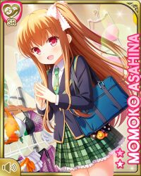 1girl :d asahina_momoko badge bag black_thighhighs blazer blue_jacket bow brown_hair button_badge card_(medium) character_name day girlfriend_(kari) green_skirt hair_bow hair_ribbon indoors instrument jacket necktie official_art one_side_up open_mouth piano plaid_clothes plaid_skirt polka_dot polka_dot_bow qp:flapper red_eyes ribbon school_uniform shopping side_ponytail skirt smile solo standing swimsuit thighhighs