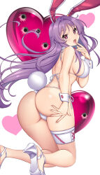 Rule 34 | 1girl, :o, animal ears, ass, ass focus, backlighting, beach, bikini, breasts, bullet hole, commentary request, day, finger to mouth, foot out of frame, grabbing own ass, hair intakes, halterneck, hand on own ass, hand up, hataraki kuma, heart, highres, horizon, large breasts, legs, looking at viewer, looking back, nontraditional playboy bunny, outdoors, panties, playboy bunny bikini, purple eyes, purple hair, rabbit ears, rabbit tail, reisen udongein inaba, side-tie bikini bottom, sideboob, solo, string bikini, surprised, swimsuit, tail, thighs, touhou, underwear, water