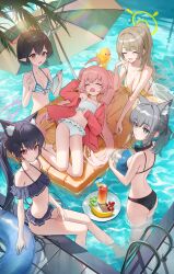 5girls absurdres ahoge animal_ear_fluff animal_ears ass ayane_(blue_archive) ayane_(swimsuit)_(blue_archive) banana bare_arms bare_legs bare_shoulders bikini black_bikini black_hair blue_archive blue_eyes blue_halo blush breasts cat_ears cleavage closed_eyes closed_mouth drink extra_ears food foreclosure_task_force_(blue_archive) frilled_bikini frills fruit green_halo grey_hair hair_between_eyes halo headphones headphones_around_neck highres hoshino_(blue_archive) hoshino_(swimsuit)_(blue_archive) innertube large_breasts light_brown_hair long_hair medium_breasts medium_hair mismatched_pupils multiple_girls navel nonomi_(blue_archive) nonomi_(swimsuit)_(blue_archive) official_alternate_costume okkimon open_mouth parasol parted_lips pink_hair pink_halo pointy_ears pool pool_ladder red_eyes red_halo serika_(blue_archive) serika_(swimsuit)_(blue_archive) shiroko_(blue_archive) shiroko_(swimsuit)_(blue_archive) short_hair sitting small_breasts smile striped_bikini striped_clothes swim_ring swimsuit twintails umbrella water wet white_bikini wolf_ears yellow_bikini yellow_eyes